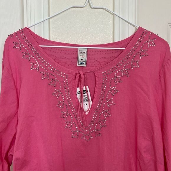 Old Navy Pink Long Sleeve Cotton Mini Sequins Scoop Tie Neck Tunic Top NWT 1X - Picture 7 of 13